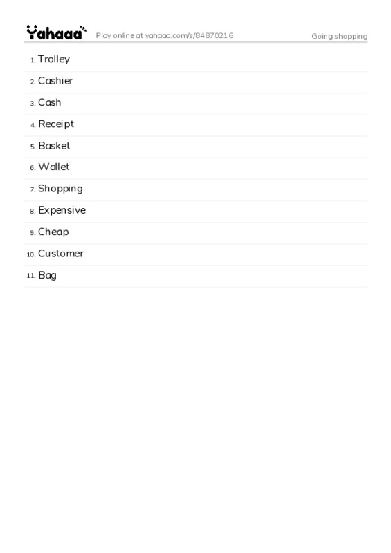 Word list with meanings worksheet for Going shopping