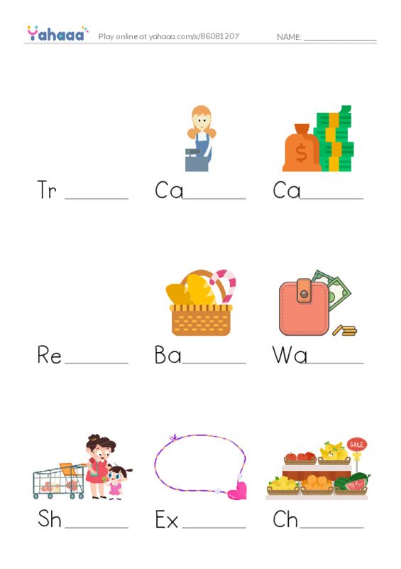 Finish the word worksheet for Going shopping