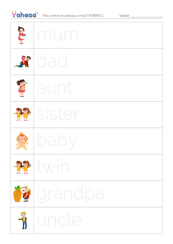 Picture and word rows worksheet for Family