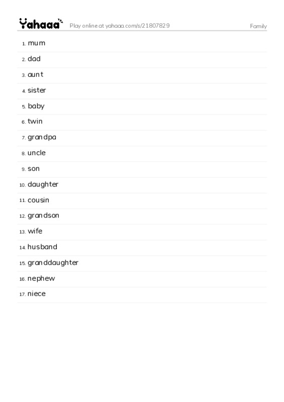 Word list with meanings worksheet for Family