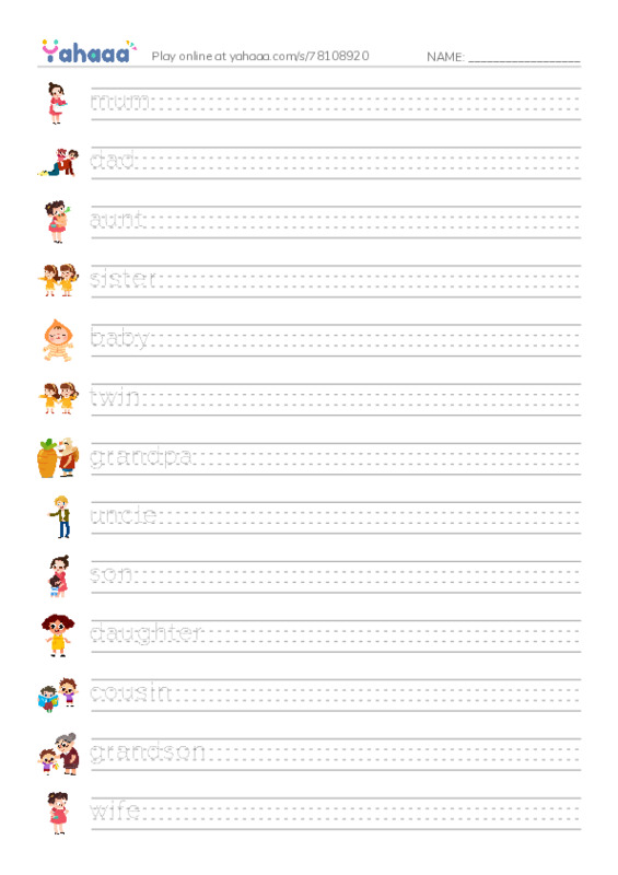Handwriting lines worksheet for Family