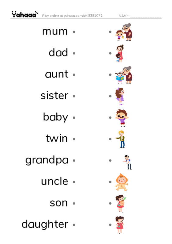 Draw a line to match worksheet for Family