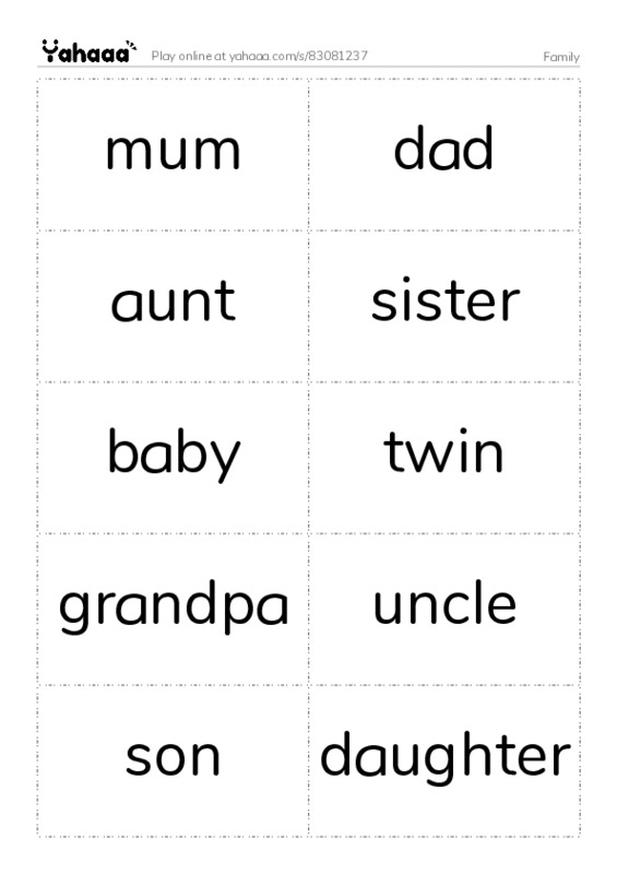 Word flashcards worksheet for Family