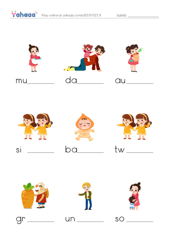 Finish the word worksheet for Family