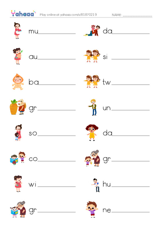 Write the word rows worksheet for Family