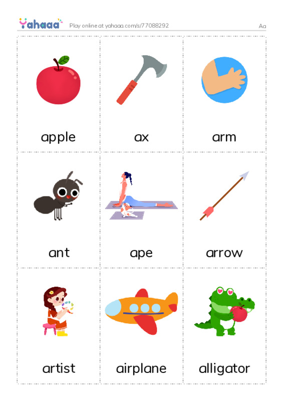 Picture flashcards worksheet for Aa
