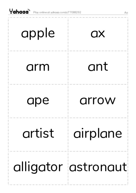 Word flashcards worksheet for Aa