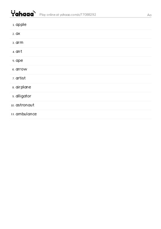 Word list with meanings worksheet for Aa