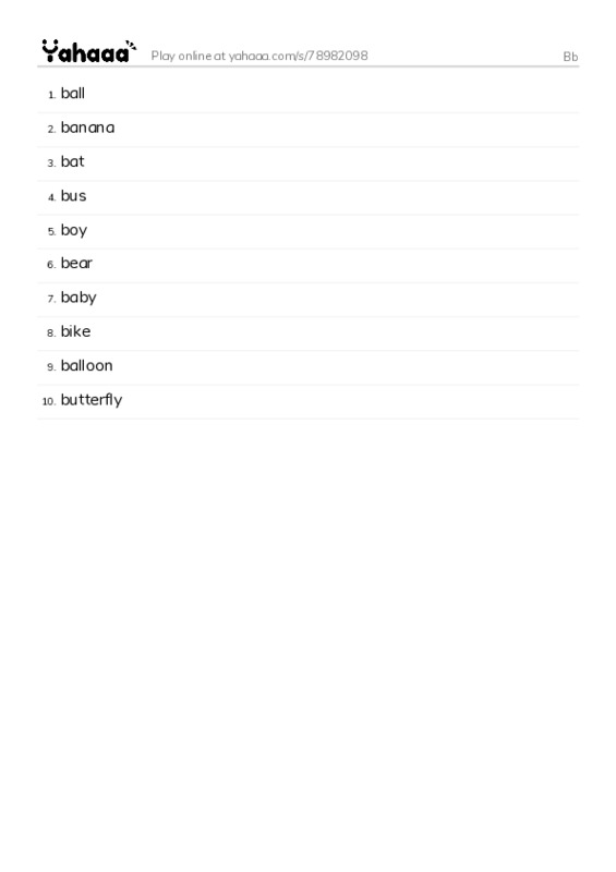 Word list with meanings worksheet for Bb