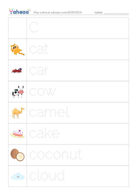 Picture and word rows worksheet for Cc