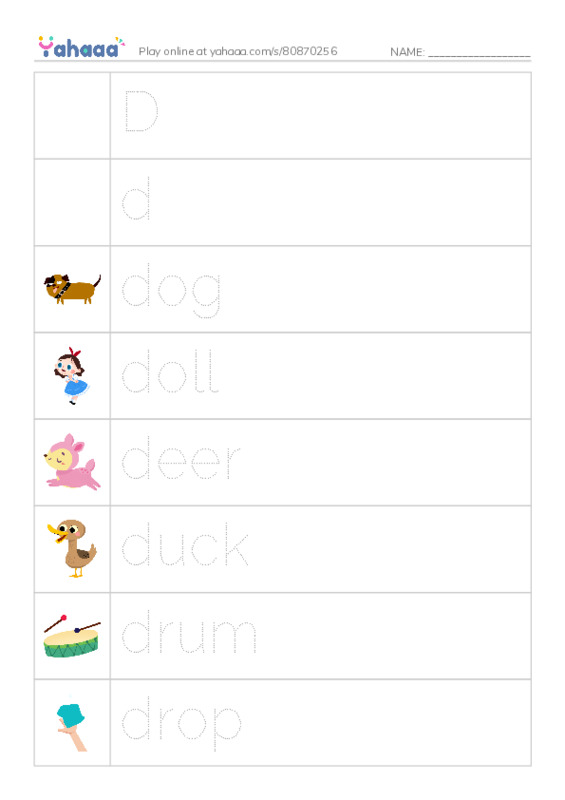 Picture and word rows worksheet for Dd