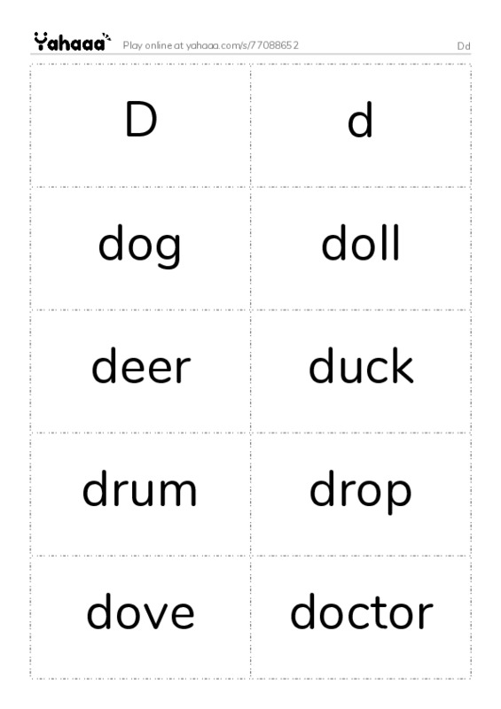 Word flashcards worksheet for Dd