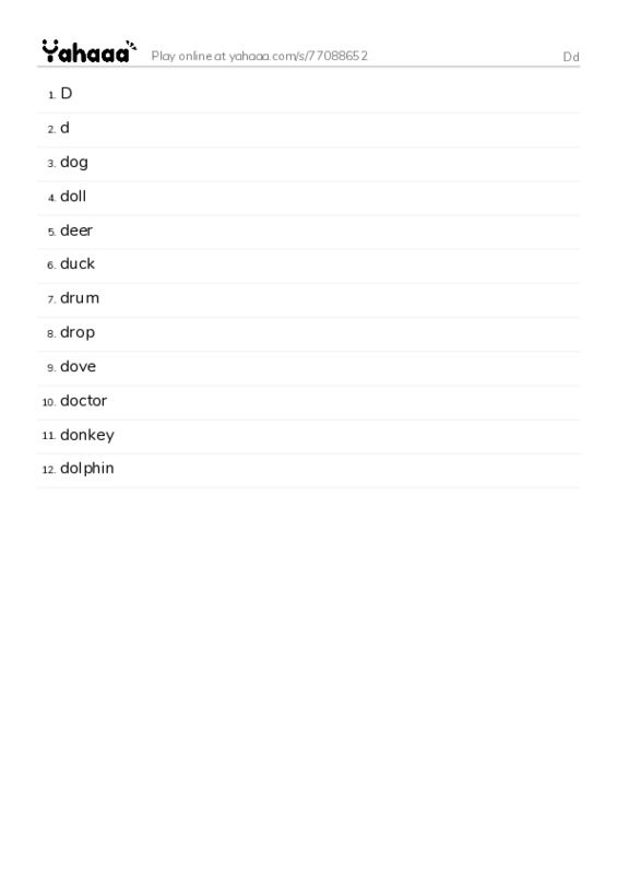 Word list with meanings worksheet for Dd