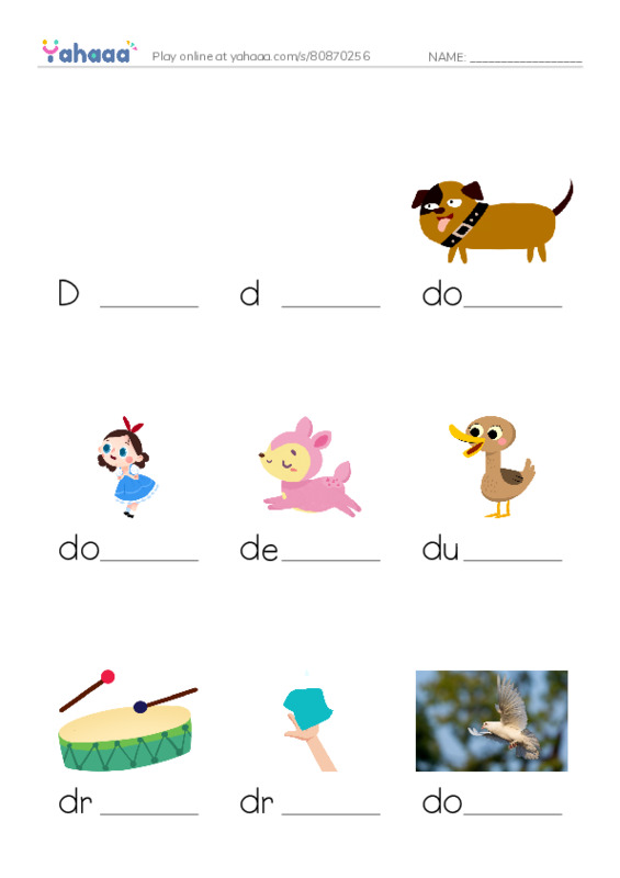 Finish the word worksheet for Dd