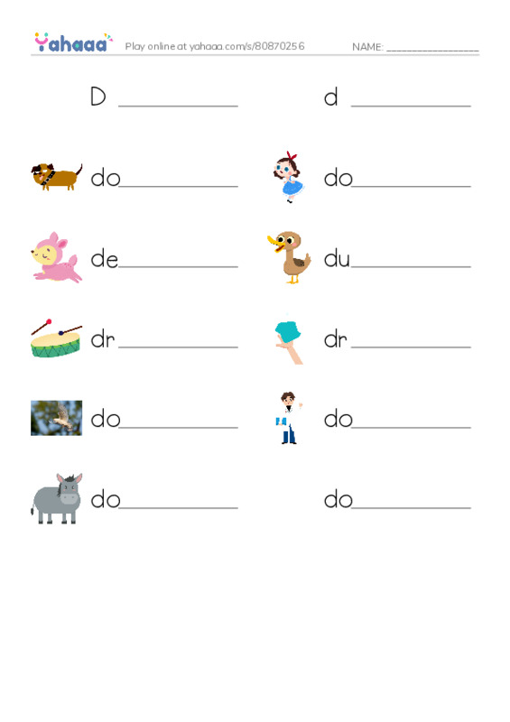 Write the word rows worksheet for Dd