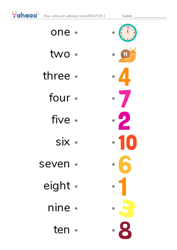 Draw a line to match worksheet for Numbers 1-12