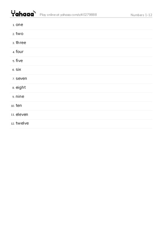 Word list with meanings worksheet for Numbers 1-12