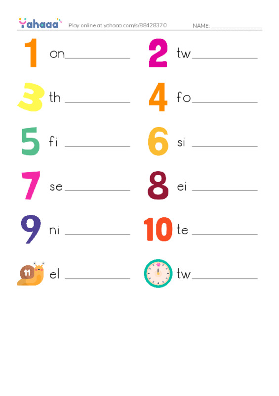 Write the word rows worksheet for Numbers 1-12