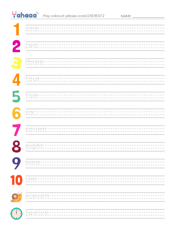 Handwriting lines worksheet for Numbers 1-12