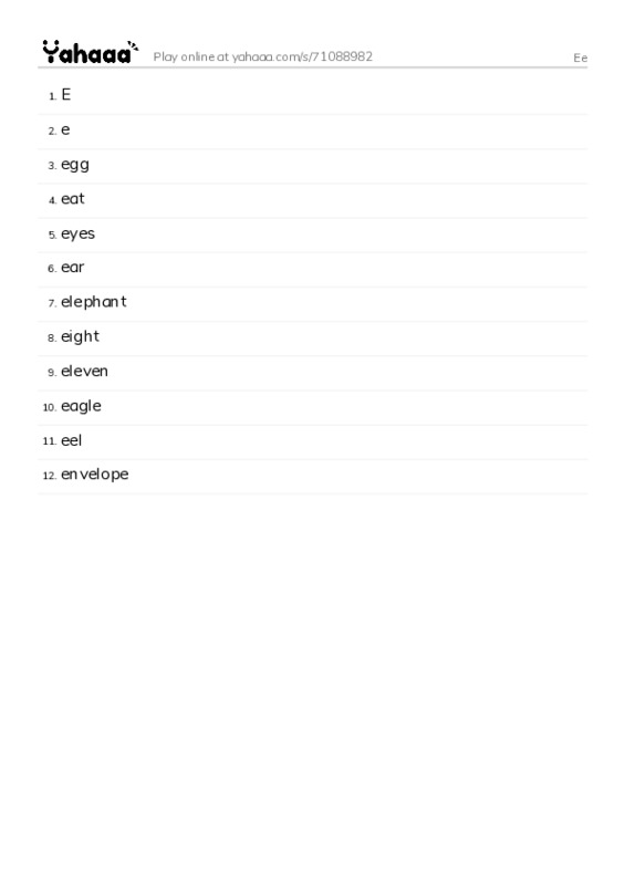 Word list with meanings worksheet for Ee