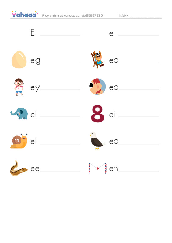 Write the word rows worksheet for Ee