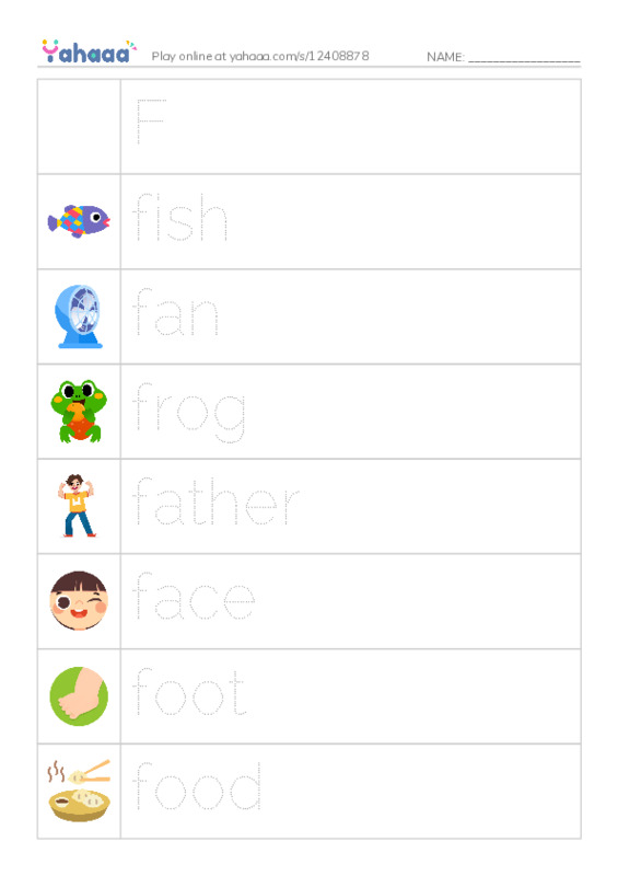 Picture and word rows worksheet for Ff
