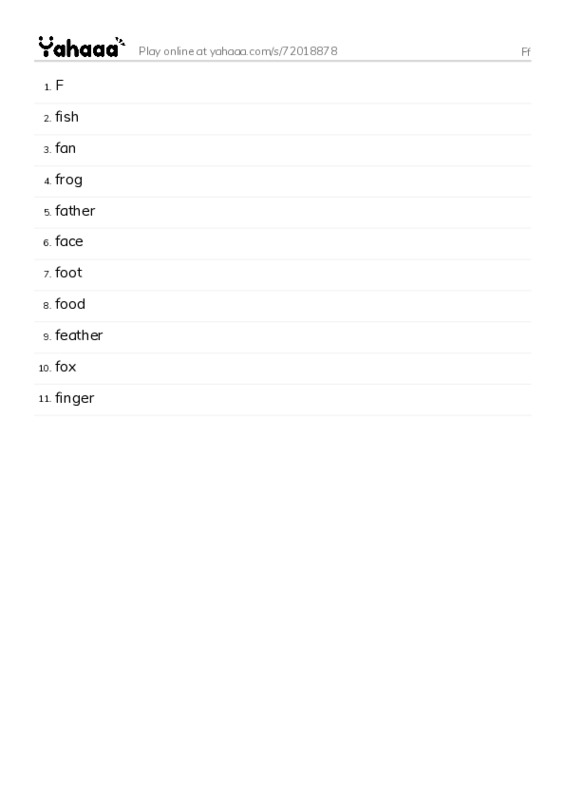 Word list with meanings worksheet for Ff