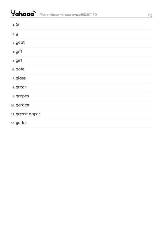 Word list with meanings worksheet for Gg