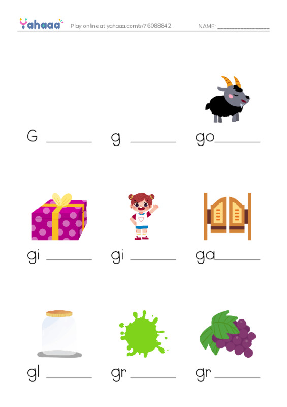 Finish the word worksheet for Gg
