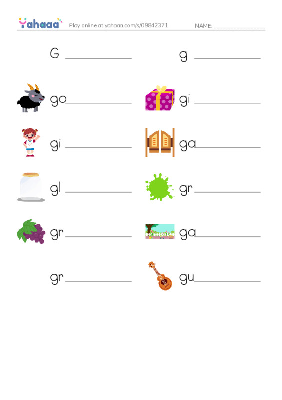 Write the word rows worksheet for Gg