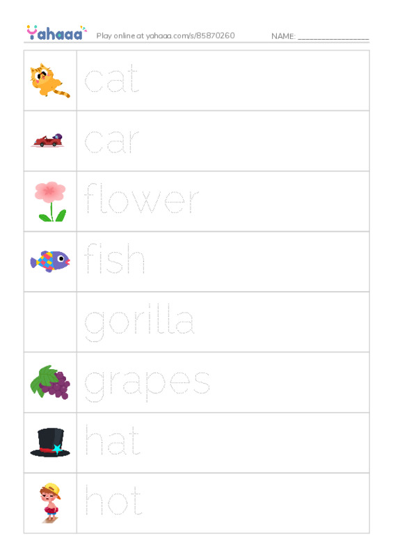 Picture and word rows worksheet for cdefghj