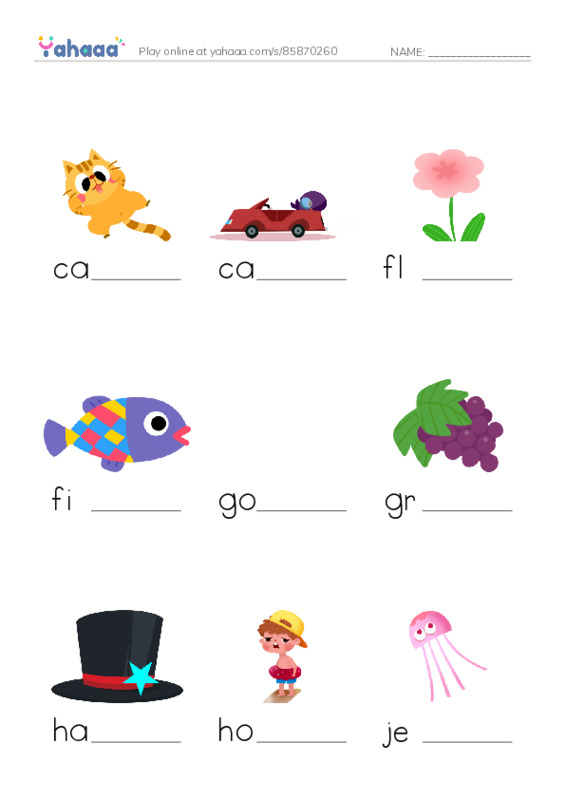 Finish the word worksheet for cdefghj