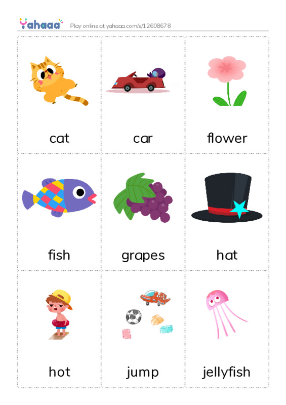 Picture flashcards worksheet for cat, car, flower and 6 more