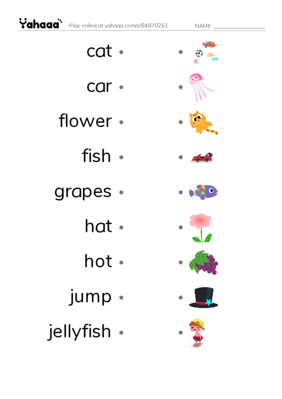 Draw a line to match worksheet for cat, car, flower and 6 more