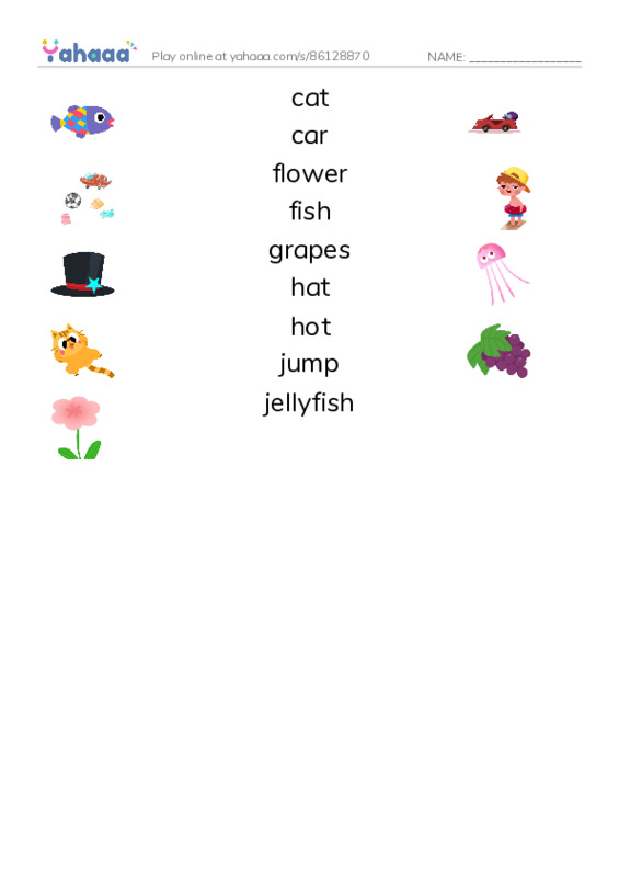 Match both sides worksheet for cat, car, flower and 6 more
