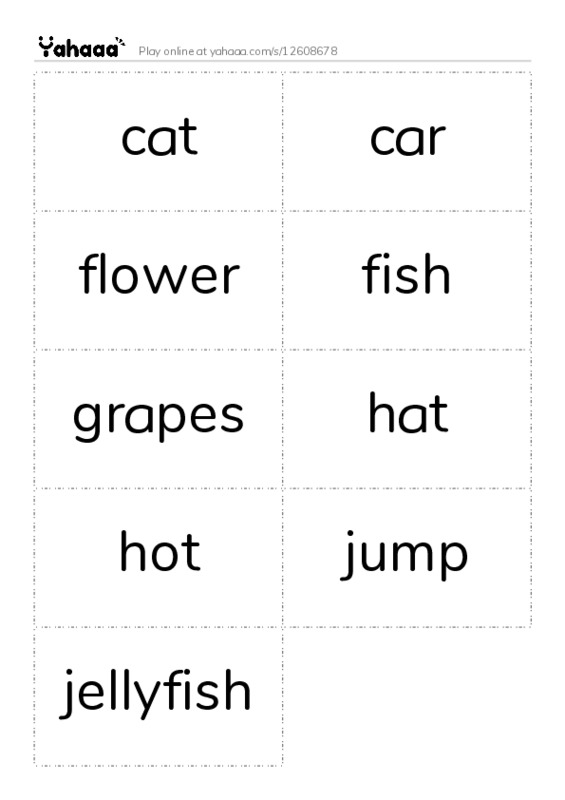 Word flashcards worksheet for cat, car, flower and 6 more