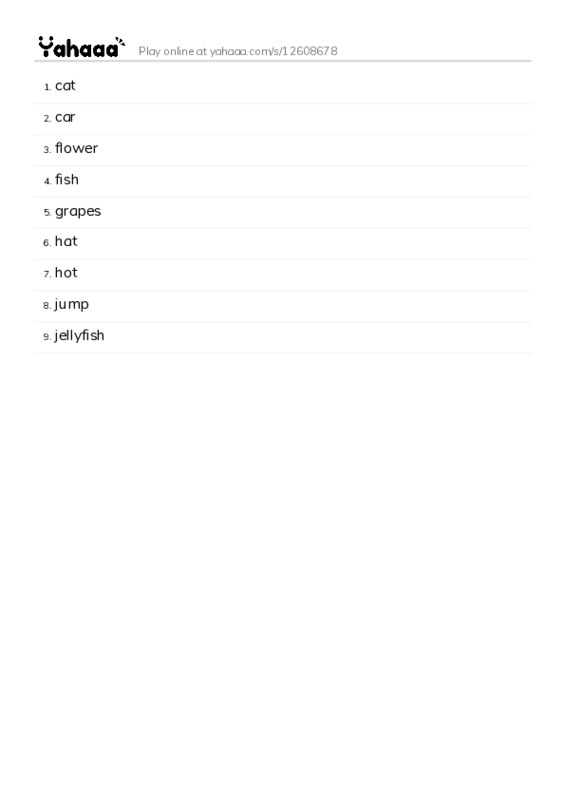 Word list with meanings worksheet for cat, car, flower and 6 more