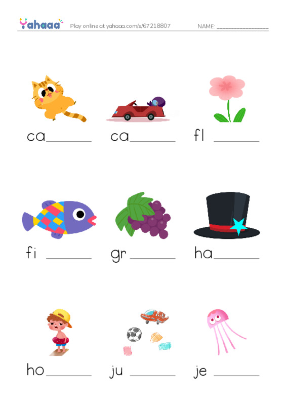 Finish the word worksheet for cat, car, flower and 6 more