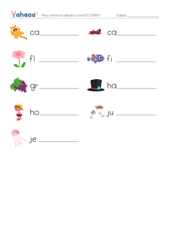 Write the word rows worksheet for cat, car, flower and 6 more
