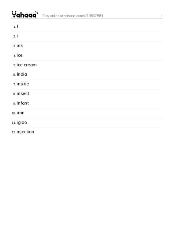 Word list with meanings worksheet for Ii