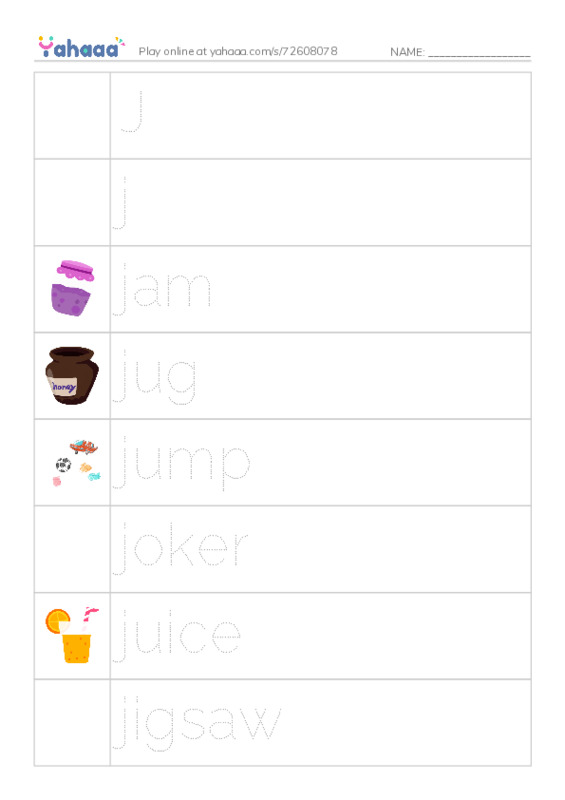 Picture and word rows worksheet for Jj