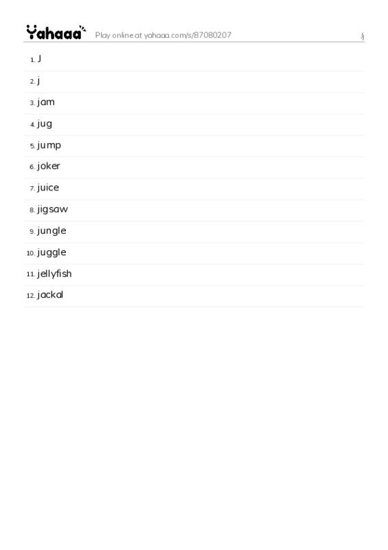 Word list with meanings worksheet for Jj