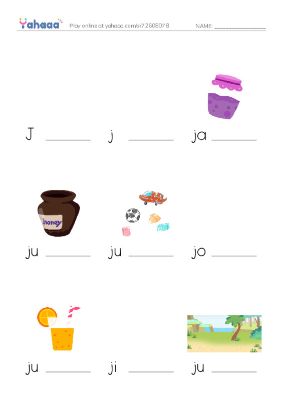 Finish the word worksheet for Jj