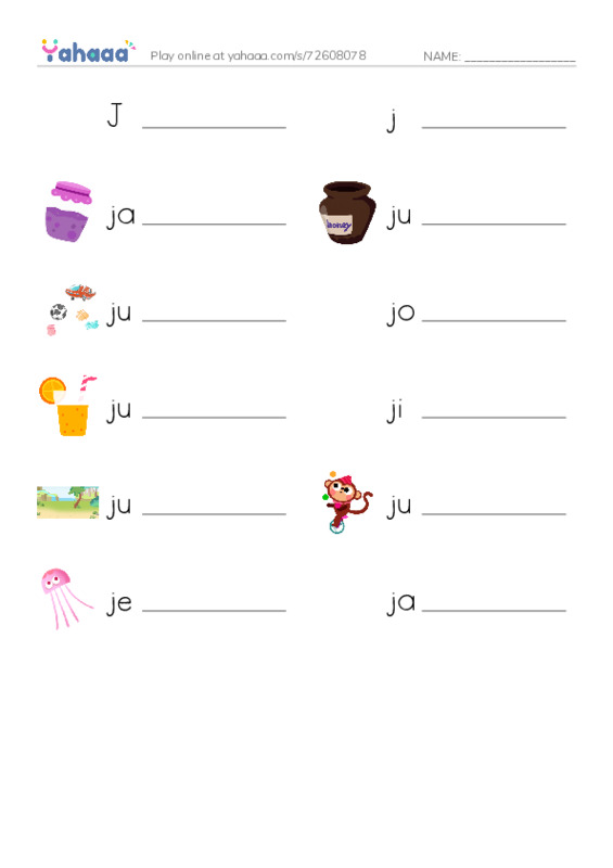 Write the word rows worksheet for Jj