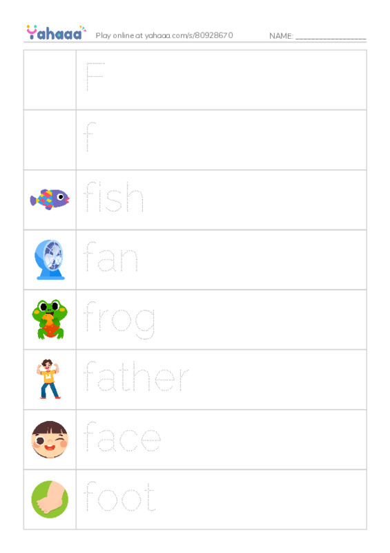Picture and word rows worksheet for Ff