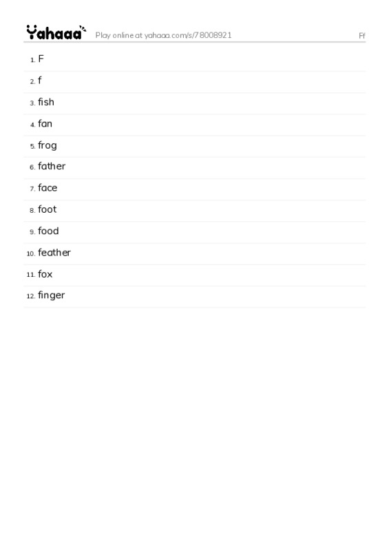 Word list with meanings worksheet for Ff