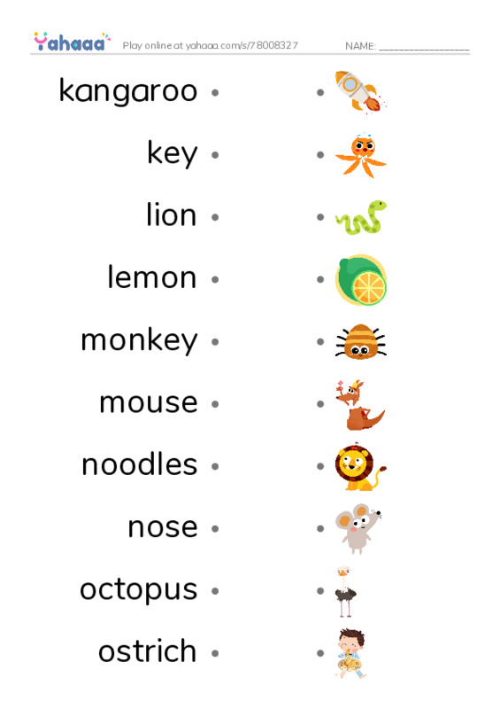 Draw a line to match worksheet for klmnopqrt