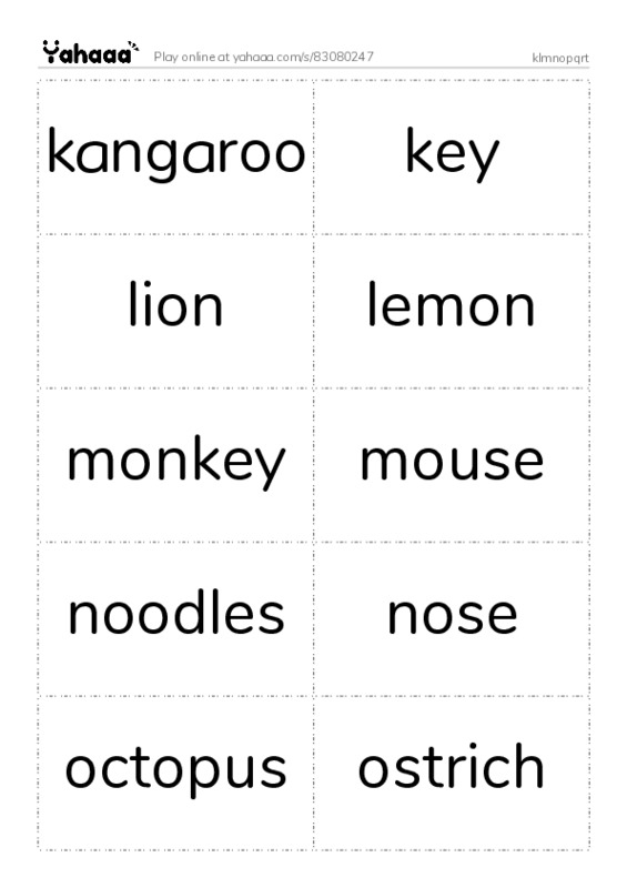 Word flashcards worksheet for klmnopqrt