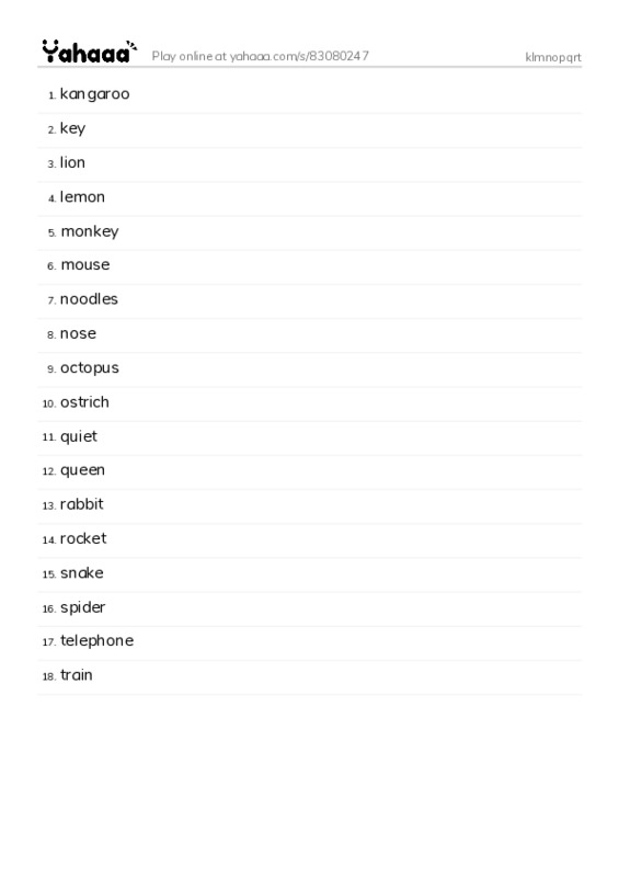 Word list with meanings worksheet for klmnopqrt