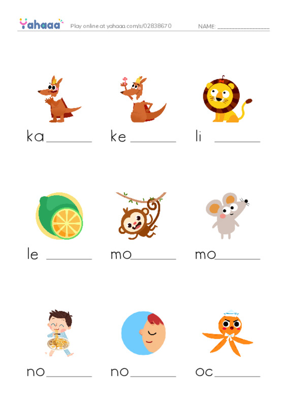 Finish the word worksheet for klmnopqrt